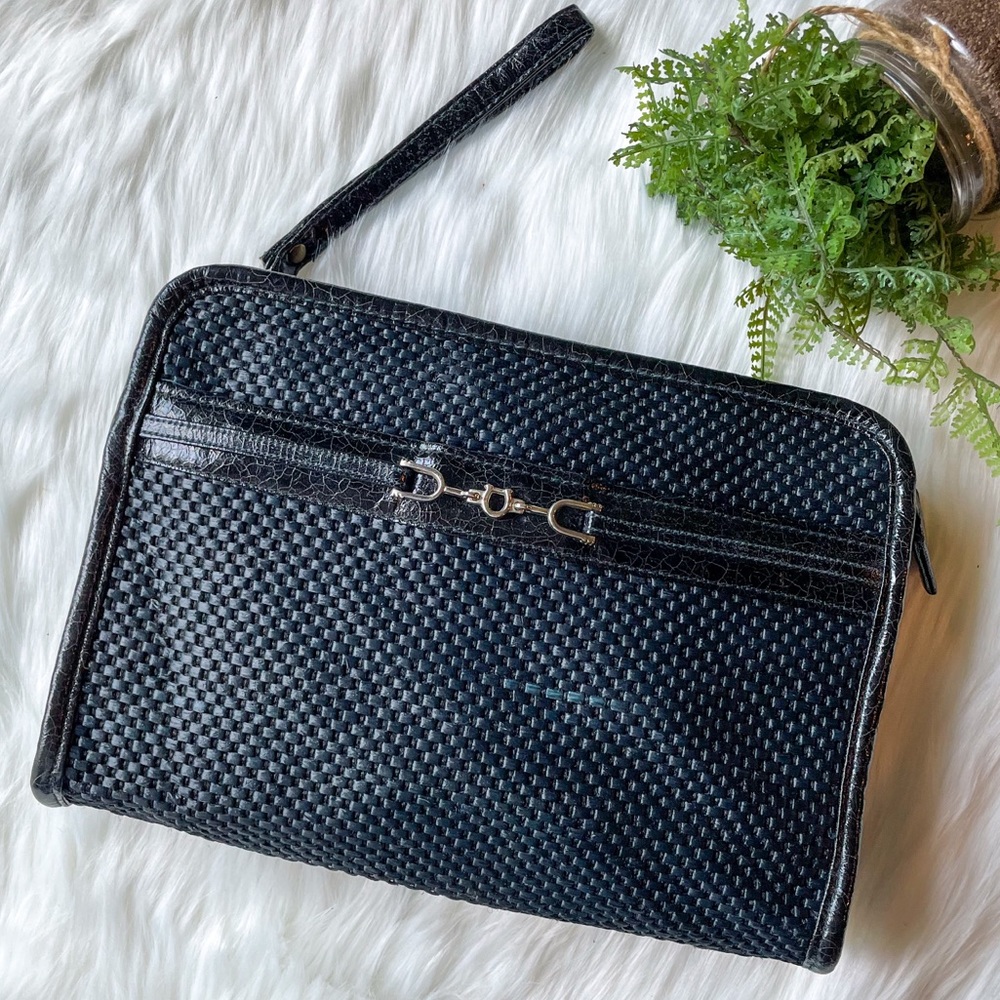 Vintage Maryann Rosenfeld Horsebit Black Leather Clutch Wristlet Weave Purse